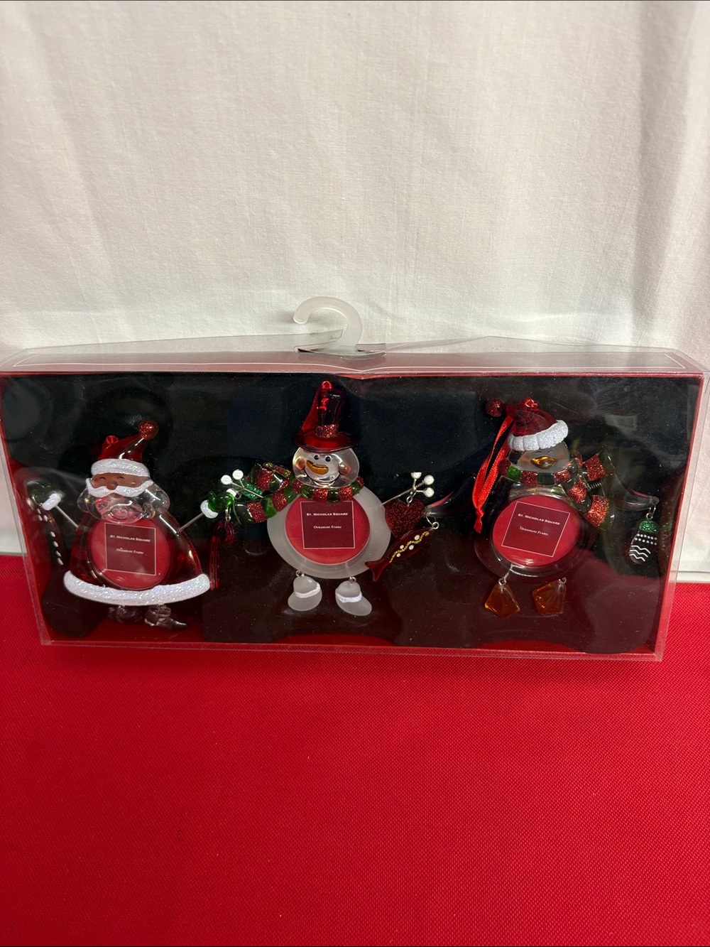 St Nicholas Square Festive Red Glass Holiday Figurine Ornament Frame  - Set of 3